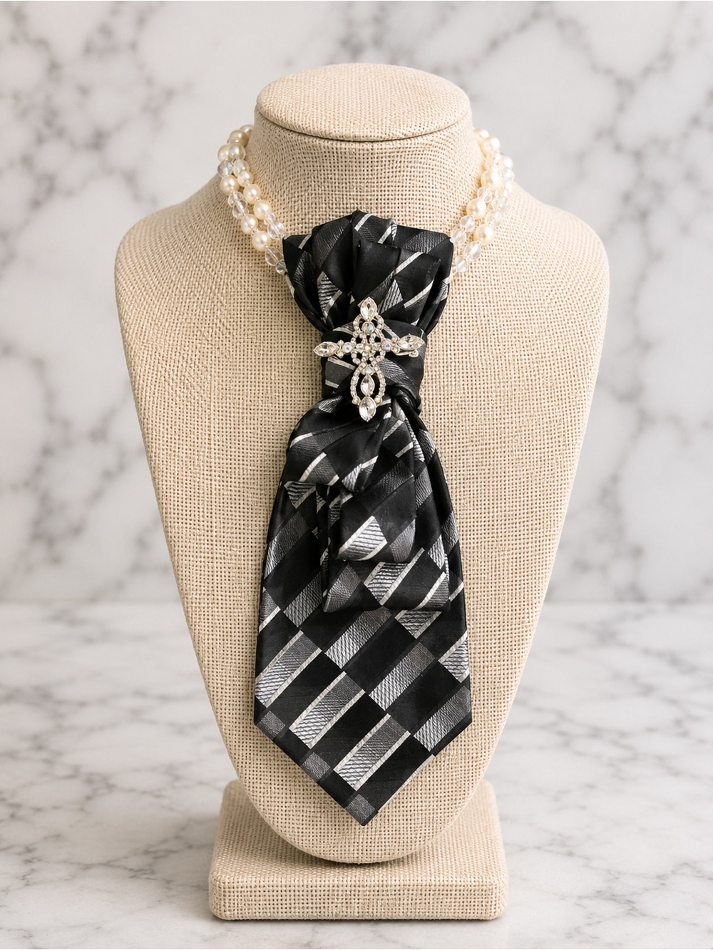 Necktie Necklace | Black & Silver Geometric Blocks | Crystal Cross